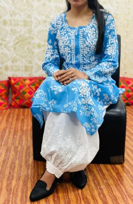 🌼 Blue Lucknowi Fusion Monochromatic Cotton Printed Kurta with Chikan Afghani Set 🌼