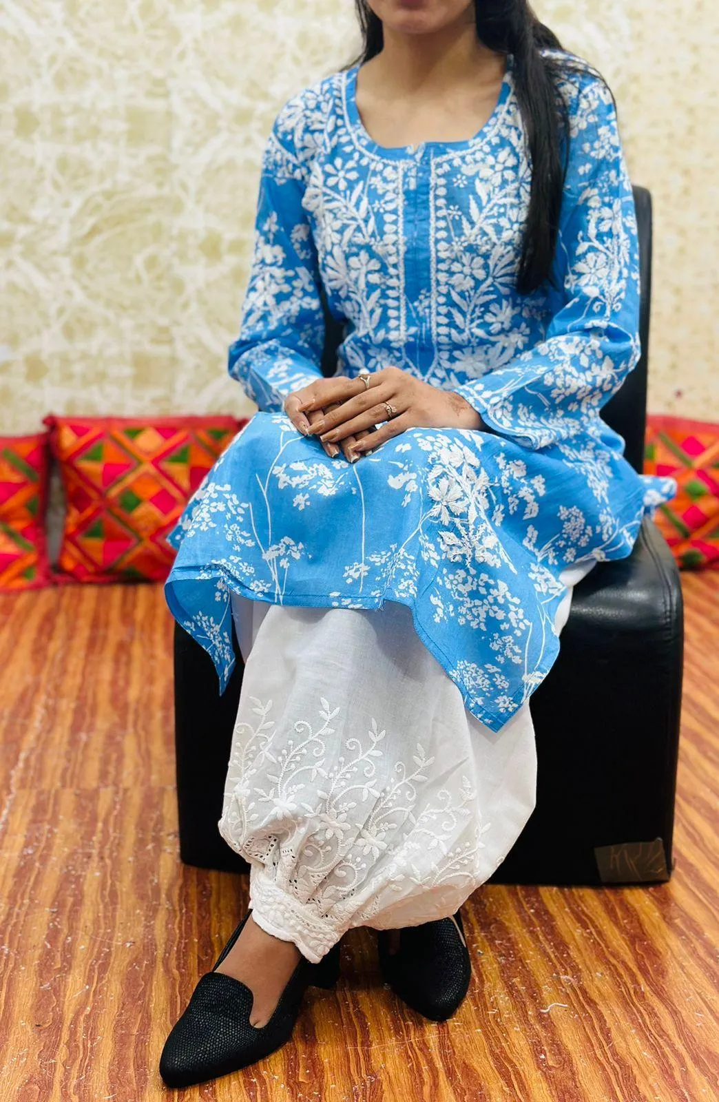 🌼 Blue Lucknowi Fusion Monochromatic Cotton Printed Kurta with Chikan Afghani Set 🌼