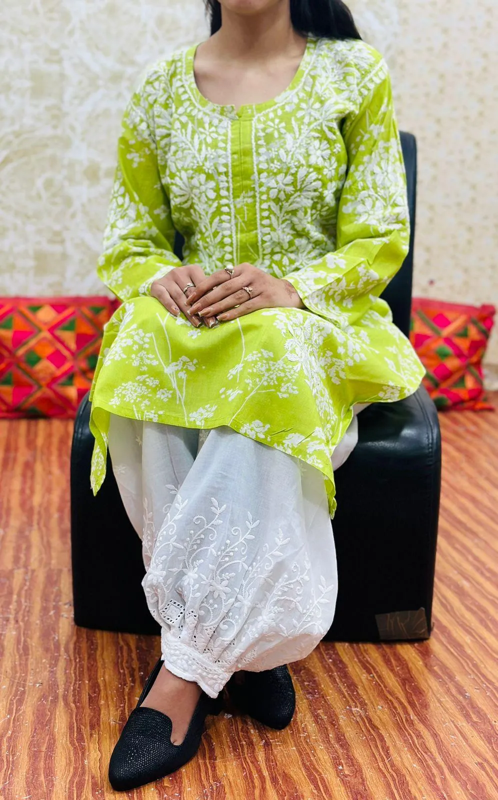 🌼 Green Lucknowi Fusion Monochromatic Cotton Printed Kurta with Chikan Afghani Set 🌼