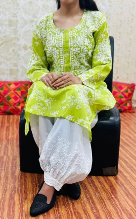 🌼 Green Lucknowi Fusion Monochromatic Cotton Printed Kurta with Chikan Afghani Set 🌼