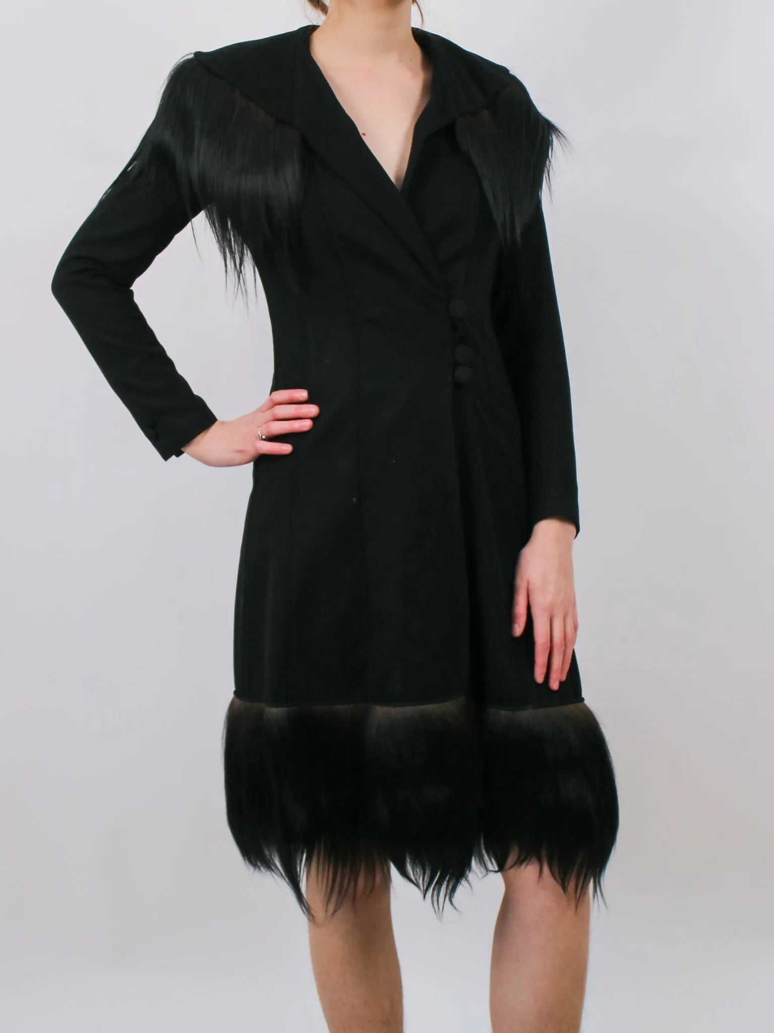 1930s Black Wool Gothic Crazy Fur Trim Coat