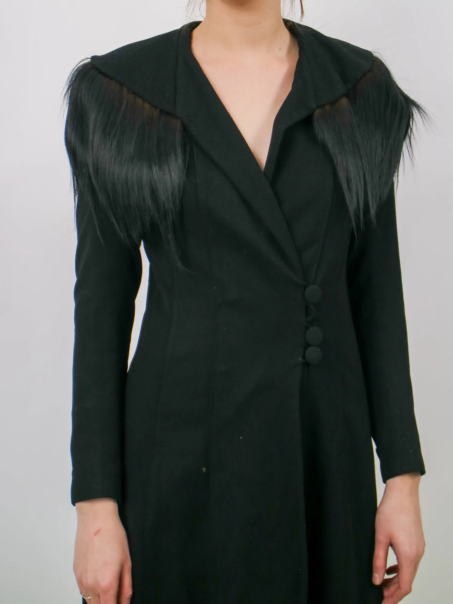 1930s Black Wool Gothic Crazy Fur Trim Coat