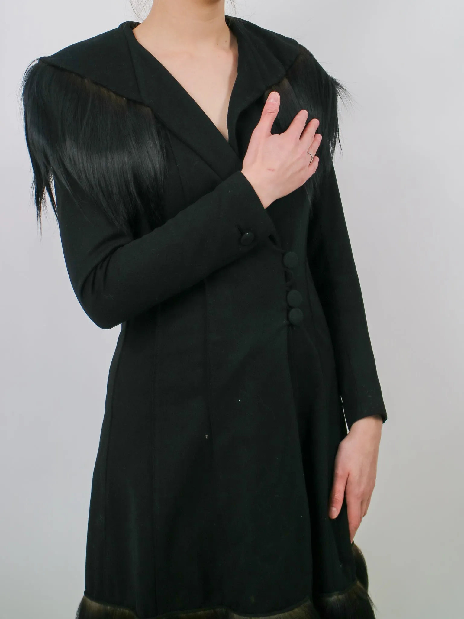 1930s Black Wool Gothic Crazy Fur Trim Coat