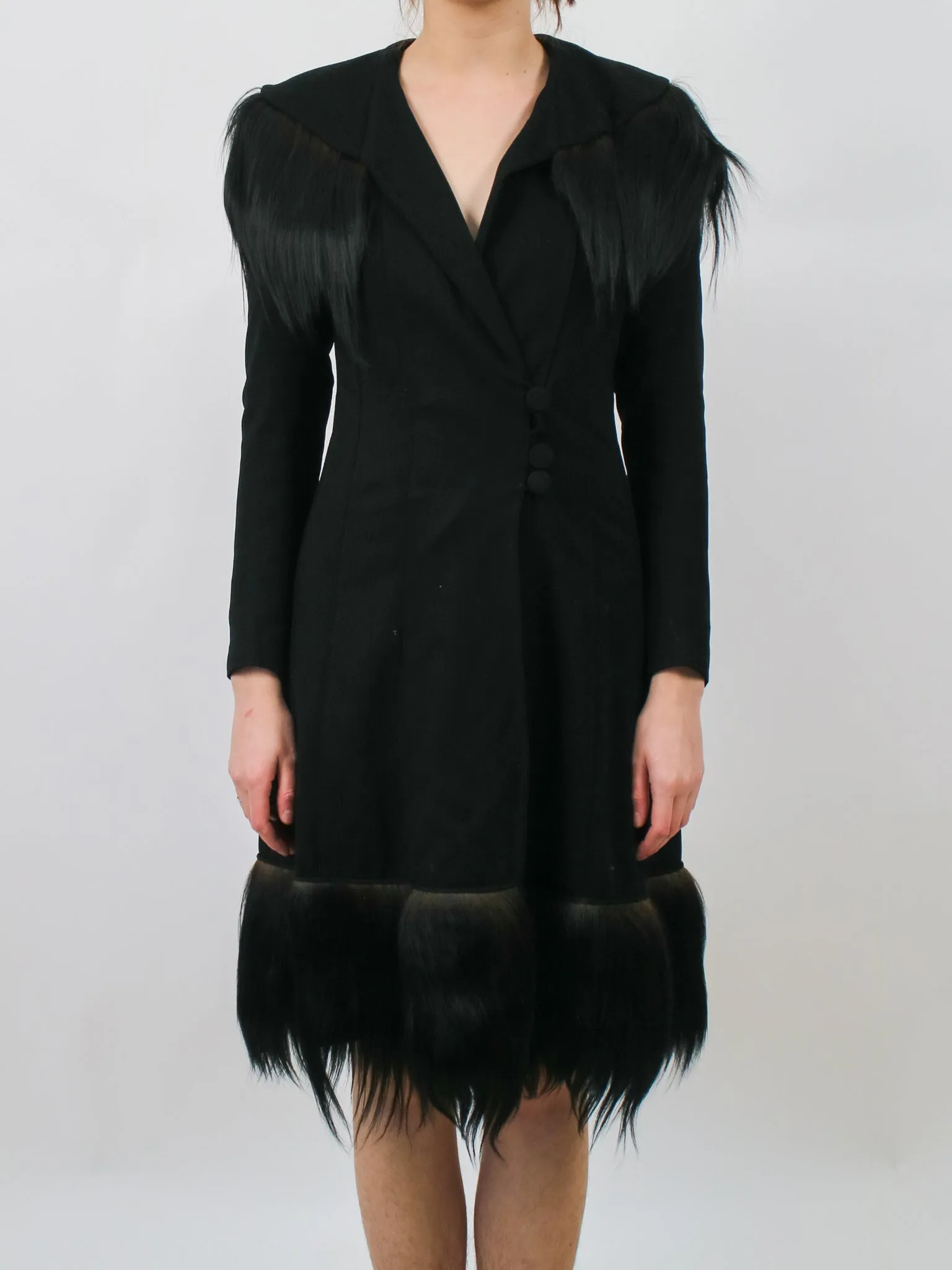 1930s Black Wool Gothic Crazy Fur Trim Coat