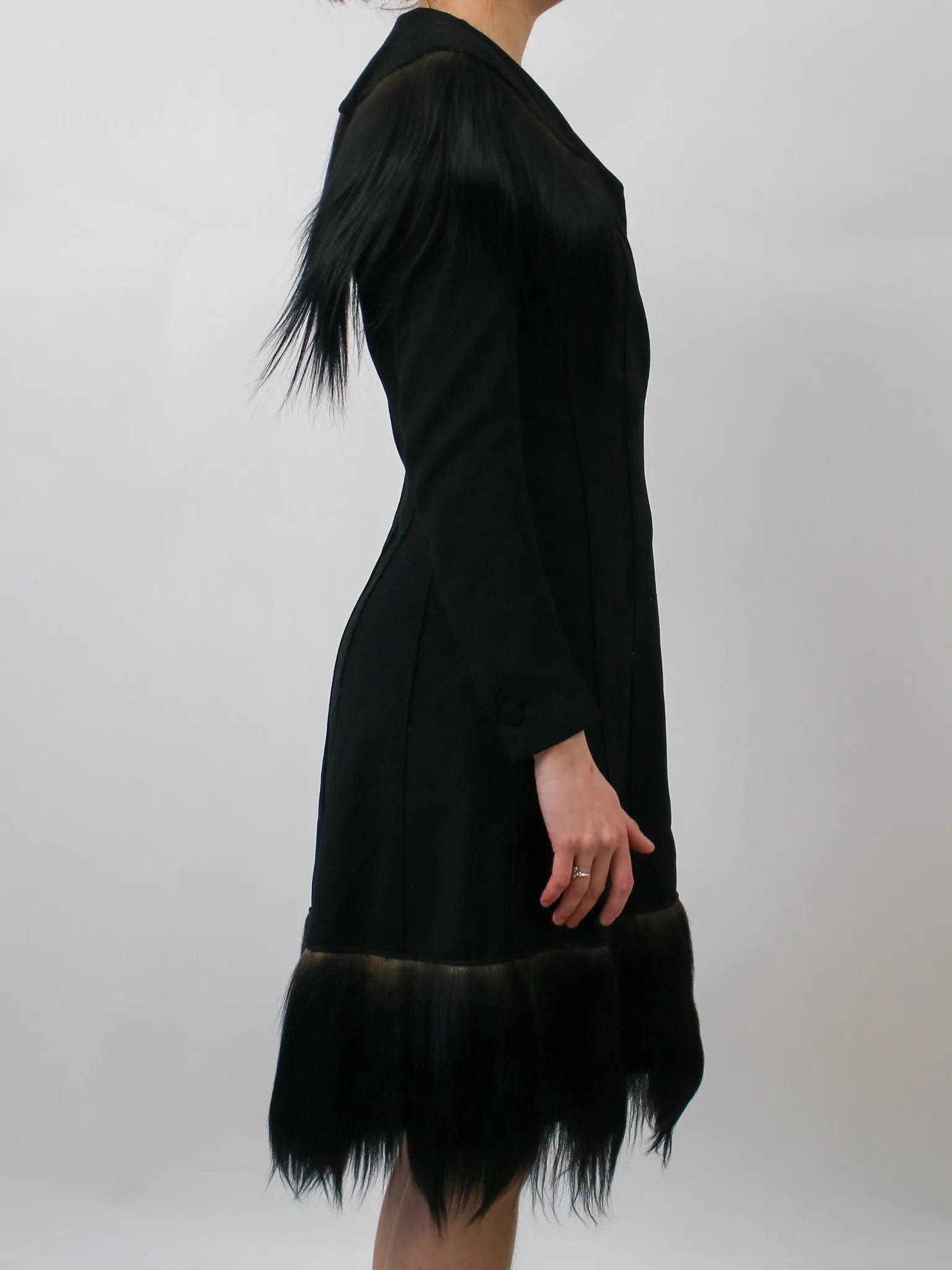 1930s Black Wool Gothic Crazy Fur Trim Coat