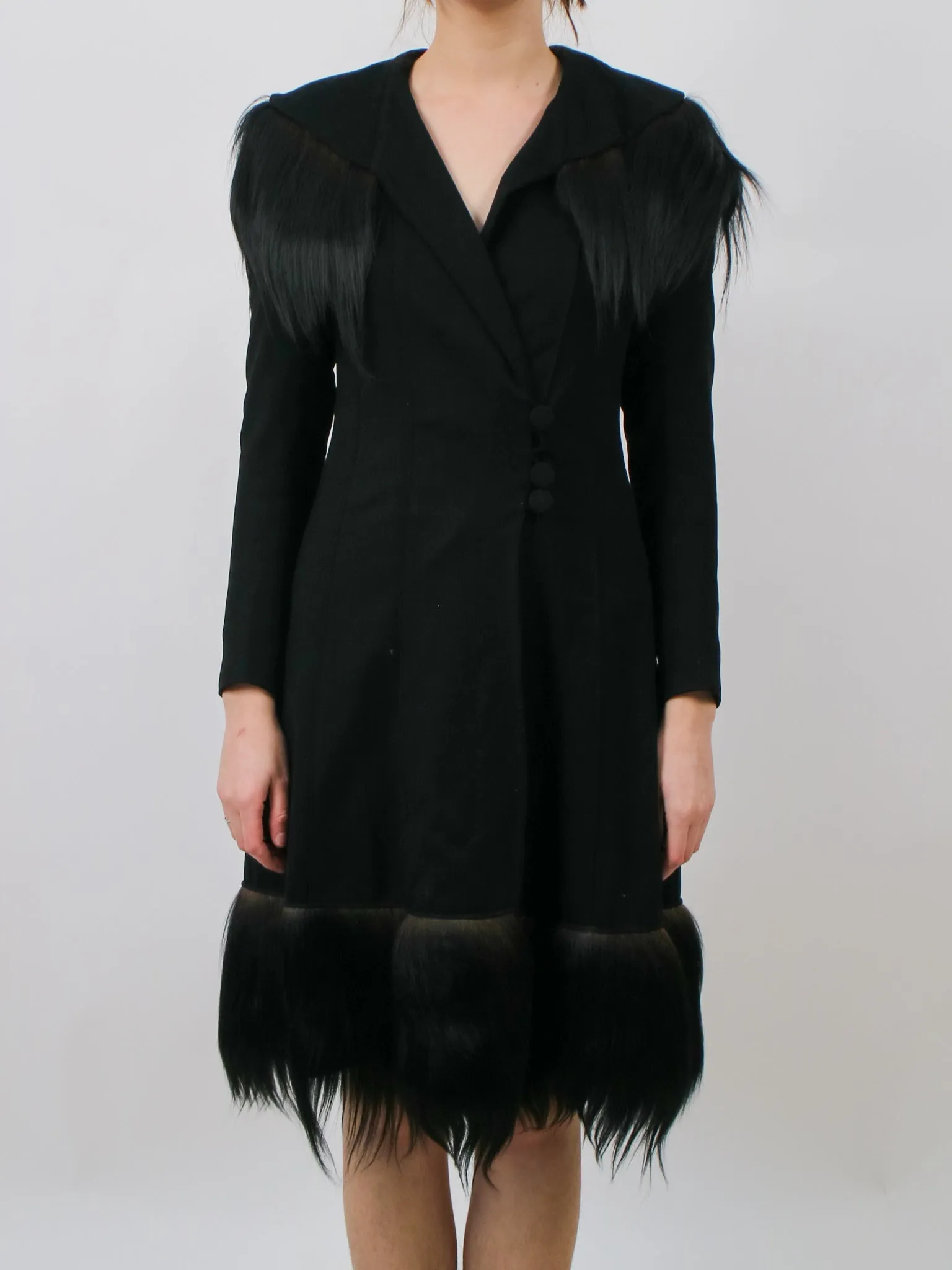 1930s Black Wool Gothic Crazy Fur Trim Coat