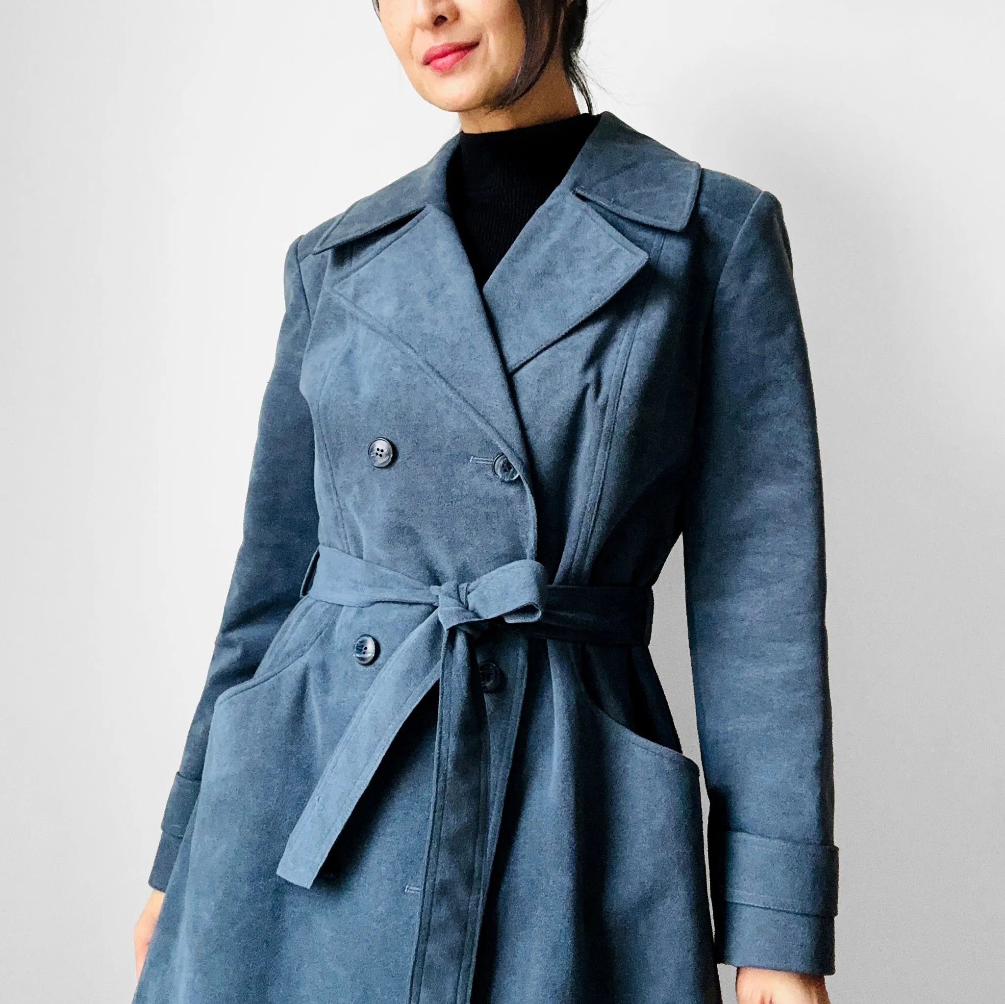 1970s Slate Blue Belted Double-Breasted Quilted Micro Suede Trench Coat - Sz. S