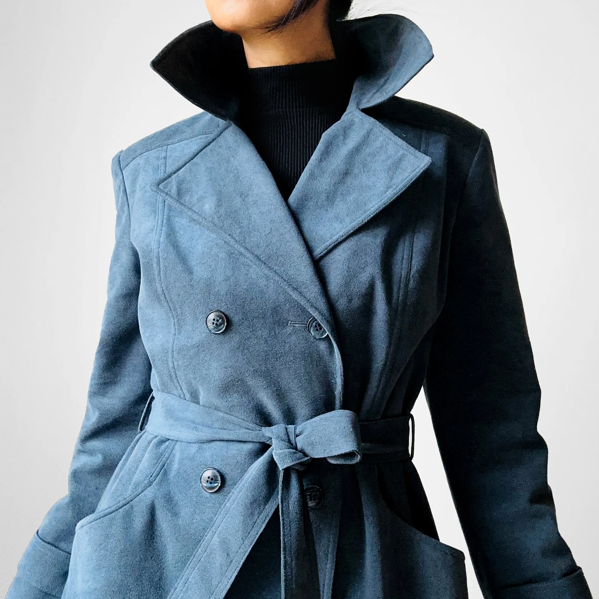 1970s Slate Blue Belted Double-Breasted Quilted Micro Suede Trench Coat - Sz. S