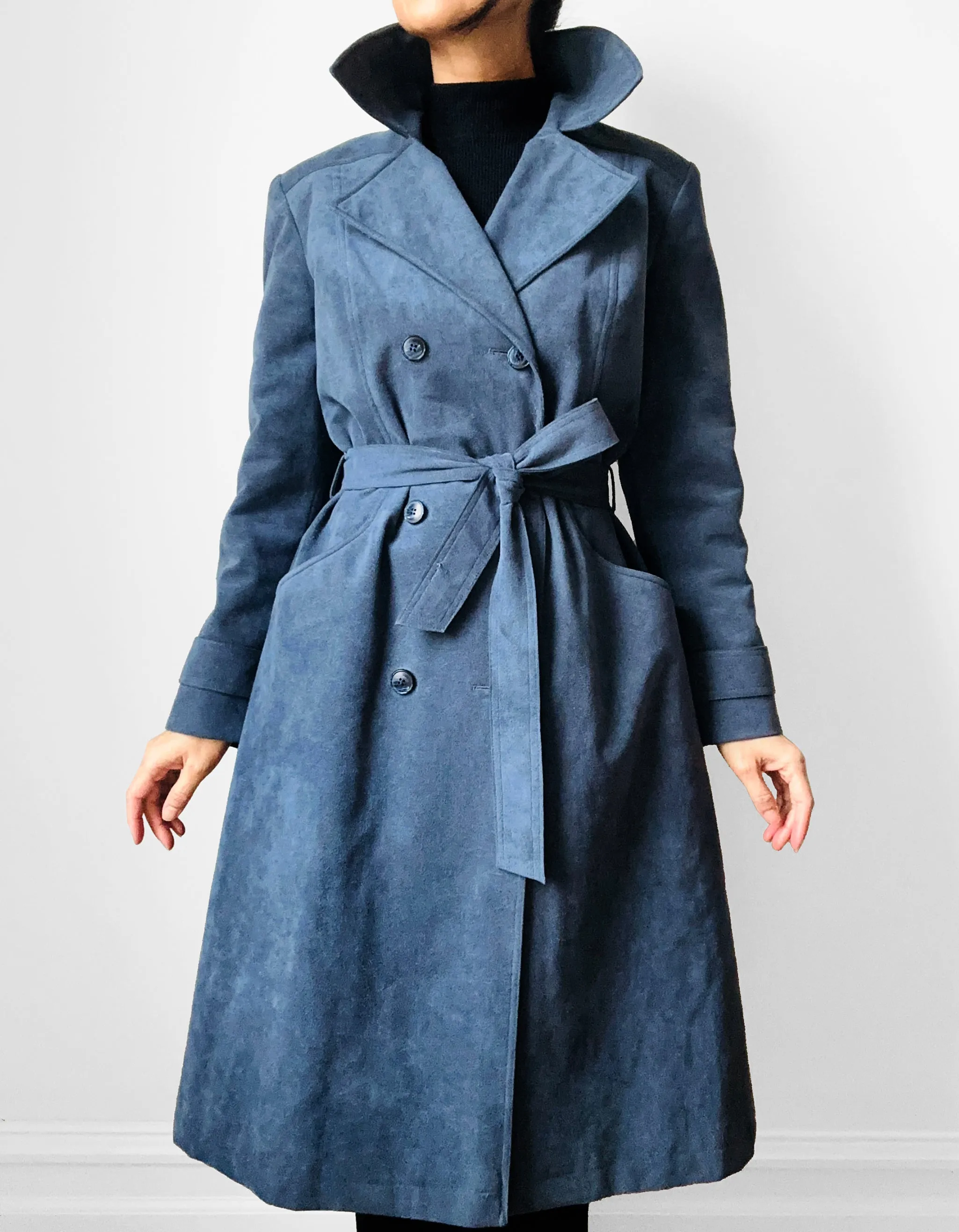 1970s Slate Blue Belted Double-Breasted Quilted Micro Suede Trench Coat - Sz. S