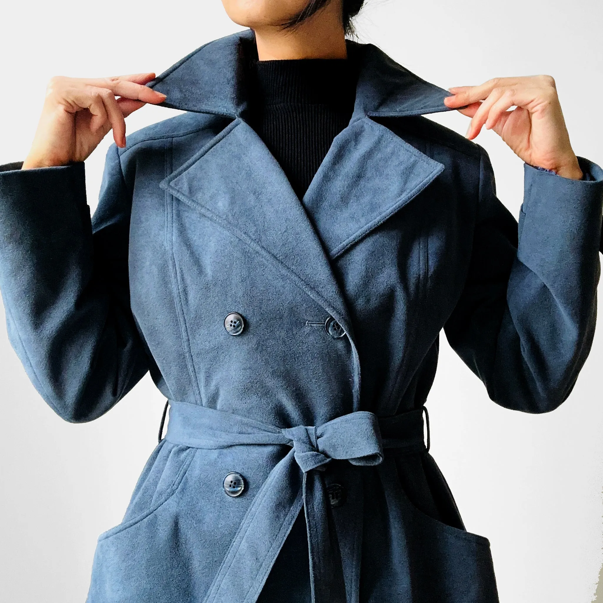 1970s Slate Blue Belted Double-Breasted Quilted Micro Suede Trench Coat - Sz. S