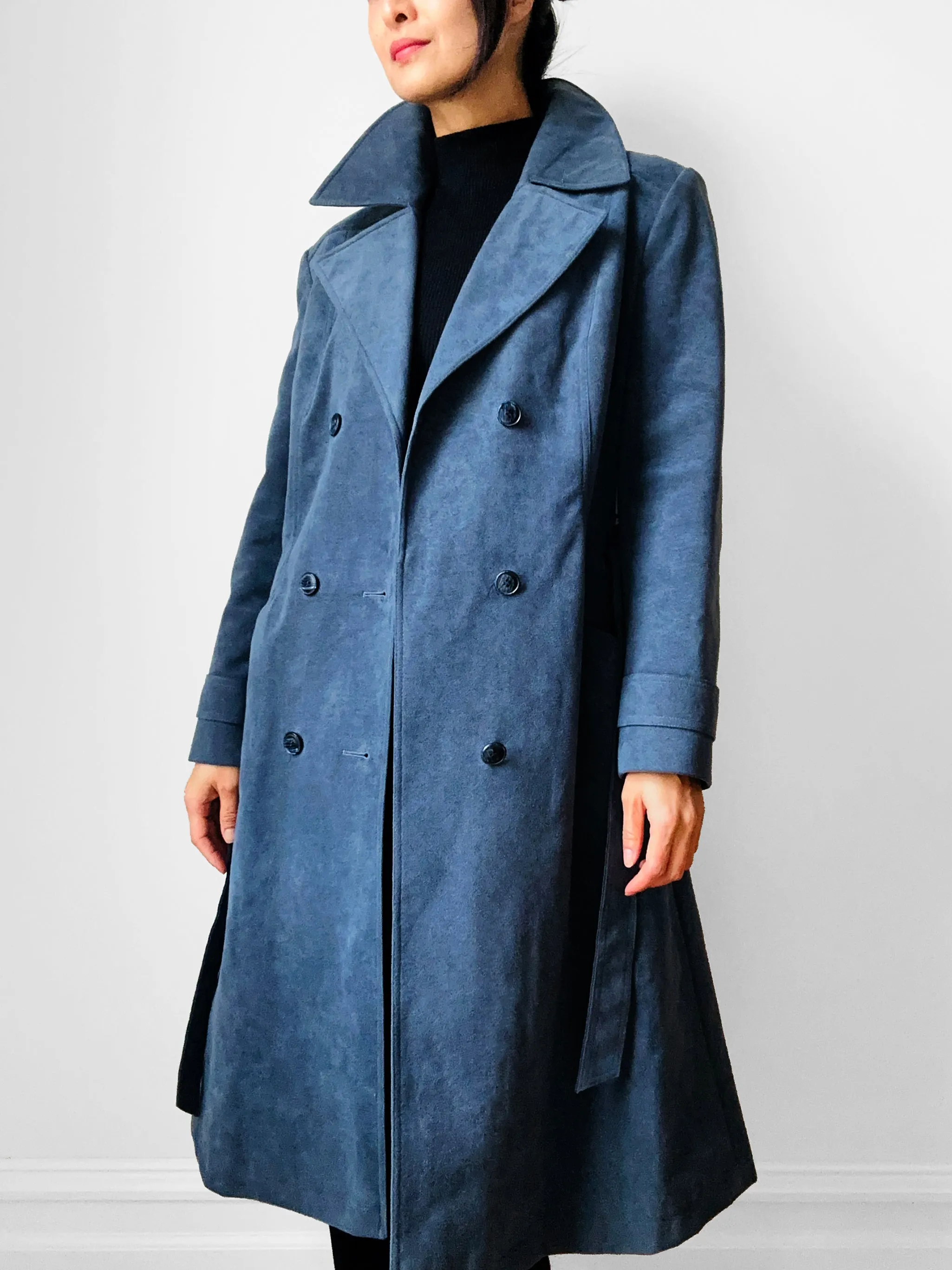 1970s Slate Blue Belted Double-Breasted Quilted Micro Suede Trench Coat - Sz. S