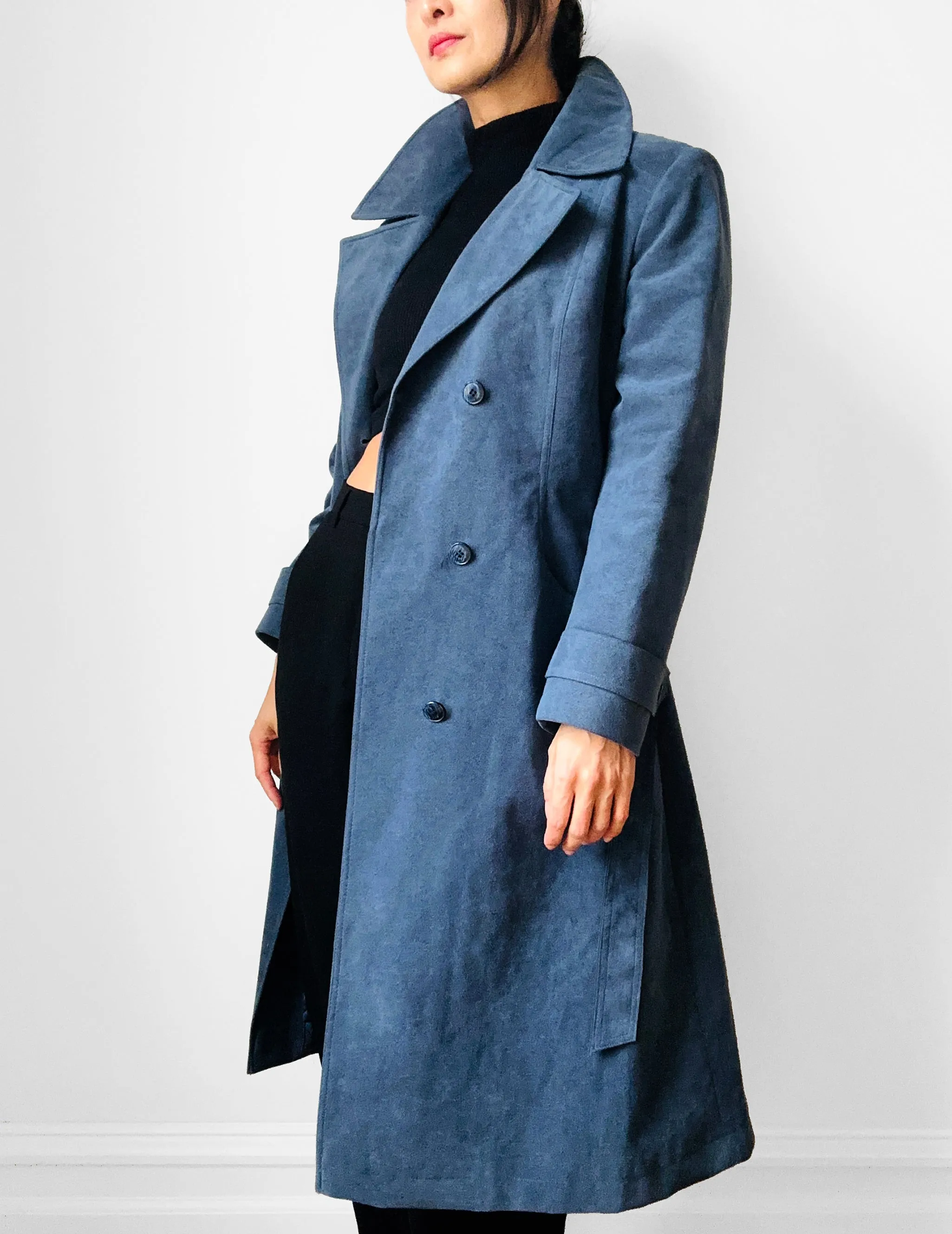 1970s Slate Blue Belted Double-Breasted Quilted Micro Suede Trench Coat - Sz. S