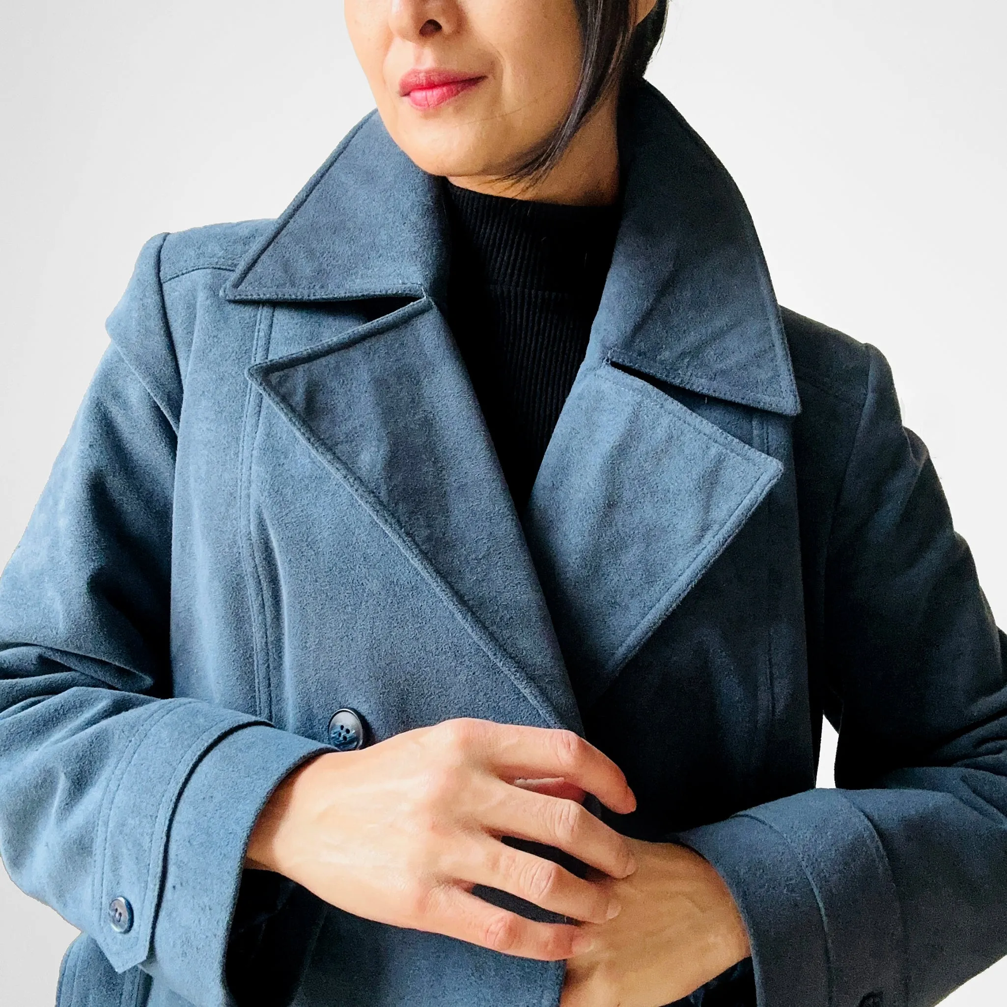 1970s Slate Blue Belted Double-Breasted Quilted Micro Suede Trench Coat - Sz. S