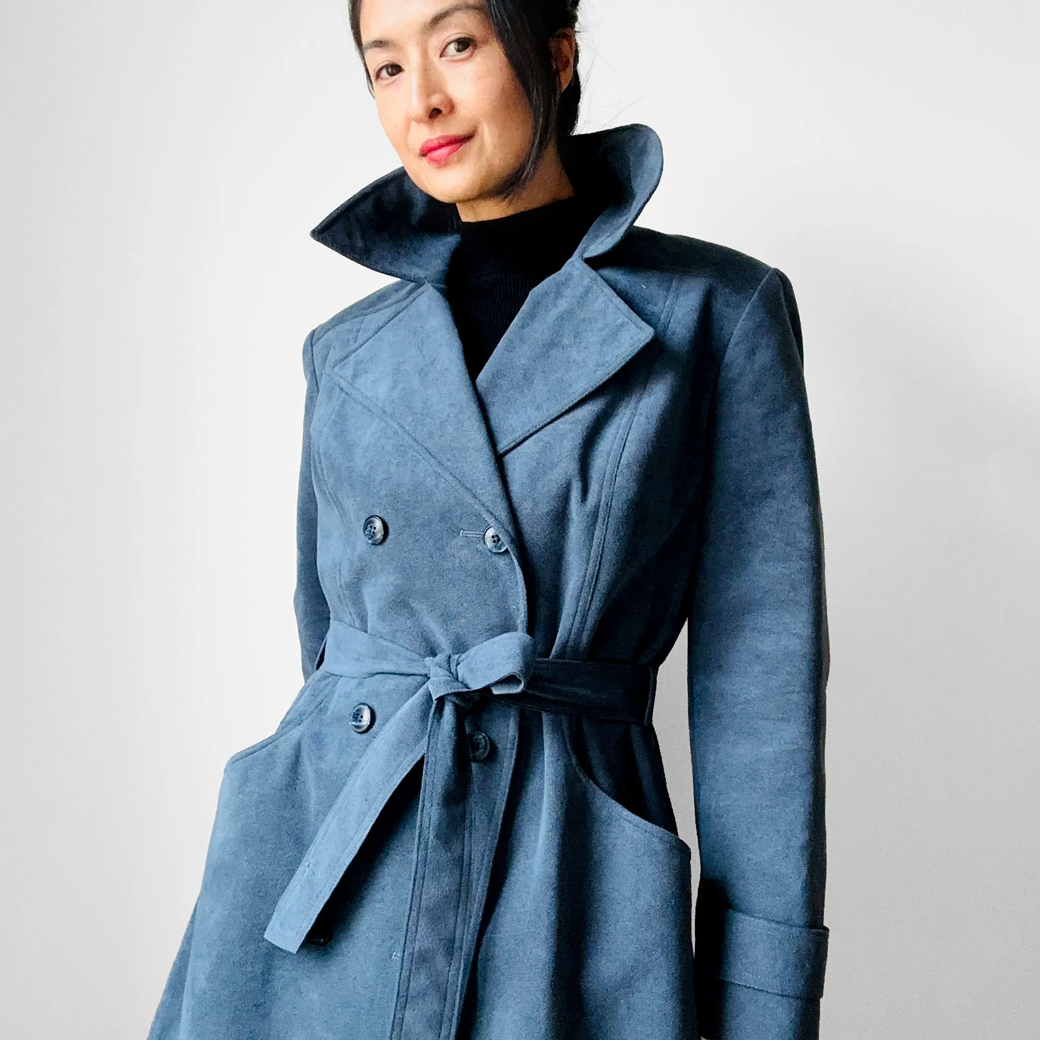1970s Slate Blue Belted Double-Breasted Quilted Micro Suede Trench Coat - Sz. S