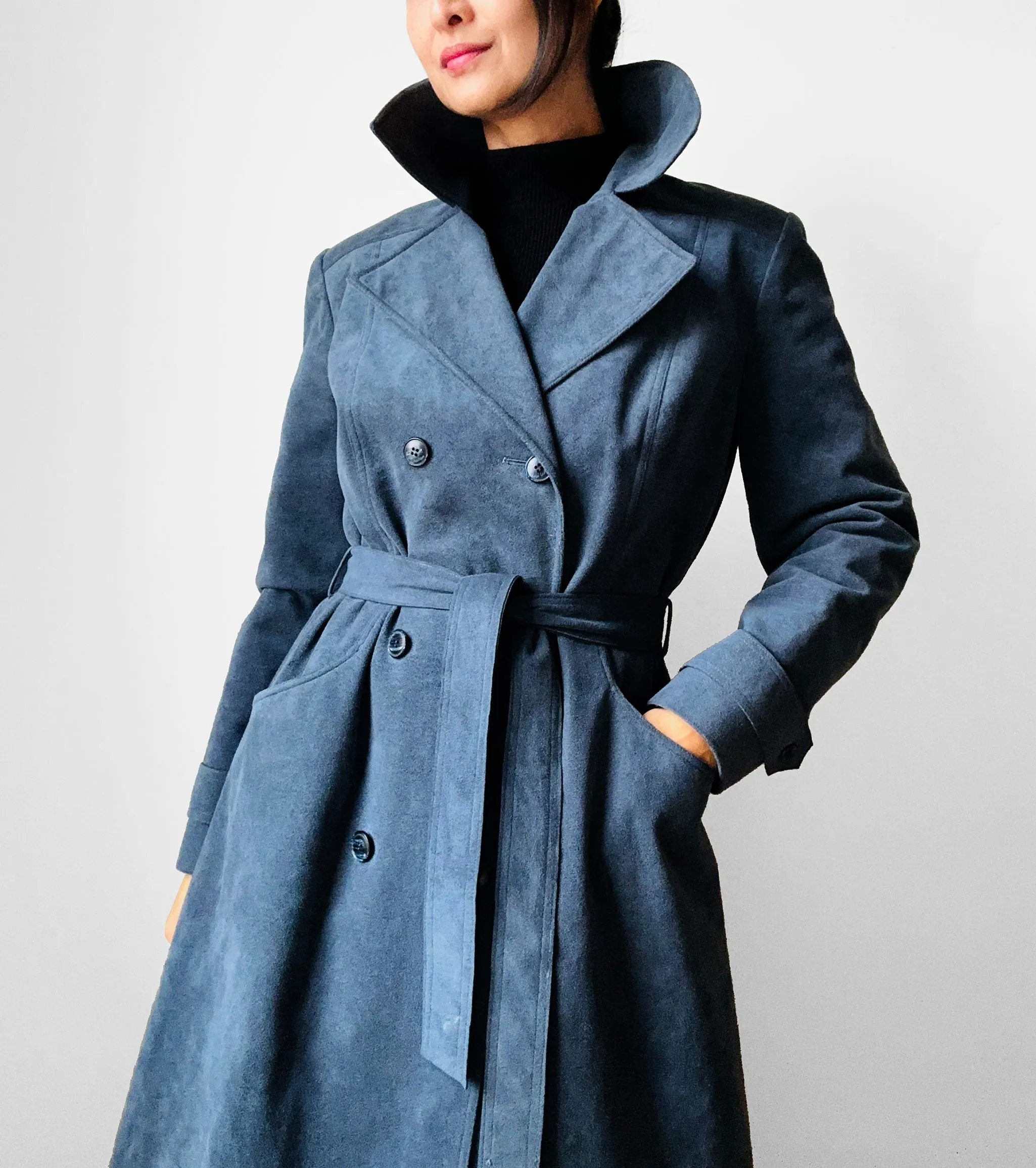 1970s Slate Blue Belted Double-Breasted Quilted Micro Suede Trench Coat - Sz. S