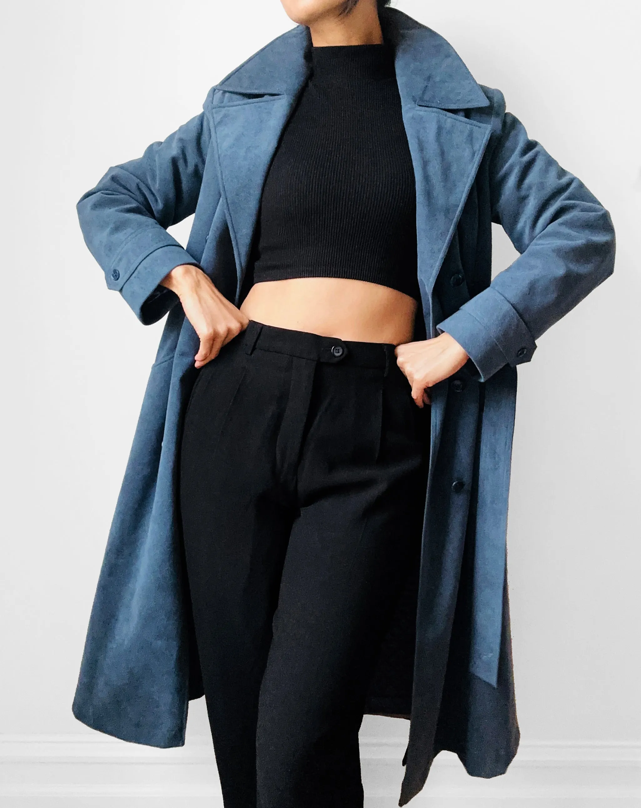 1970s Slate Blue Belted Double-Breasted Quilted Micro Suede Trench Coat - Sz. S