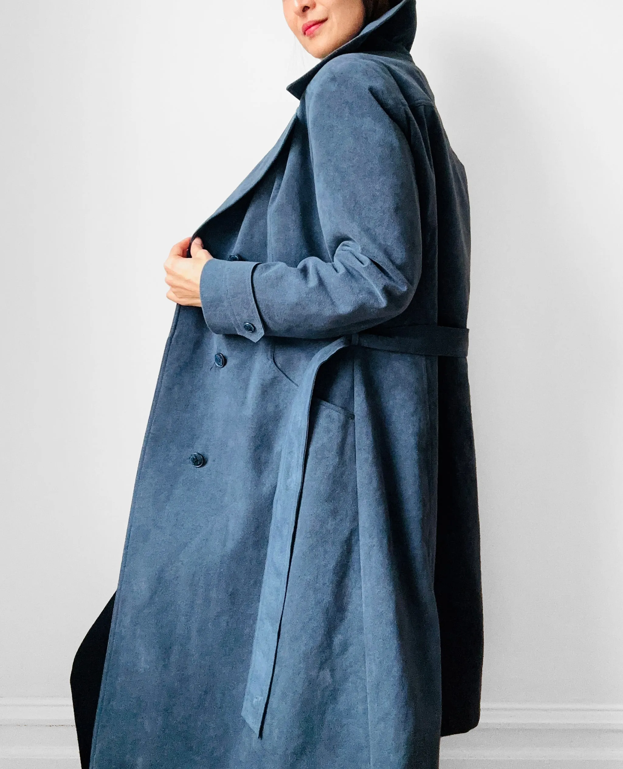 1970s Slate Blue Belted Double-Breasted Quilted Micro Suede Trench Coat - Sz. S