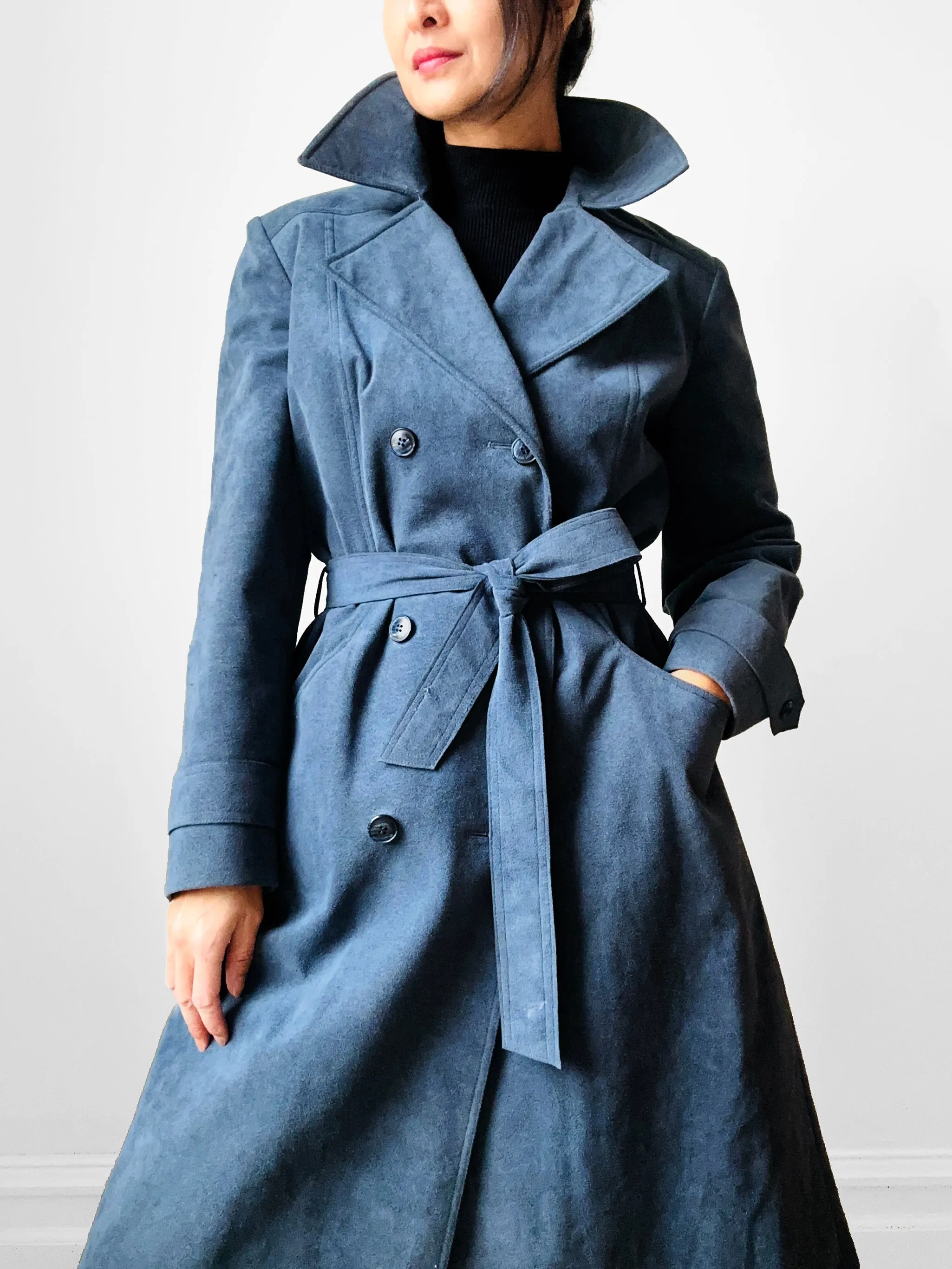 1970s Slate Blue Belted Double-Breasted Quilted Micro Suede Trench Coat - Sz. S