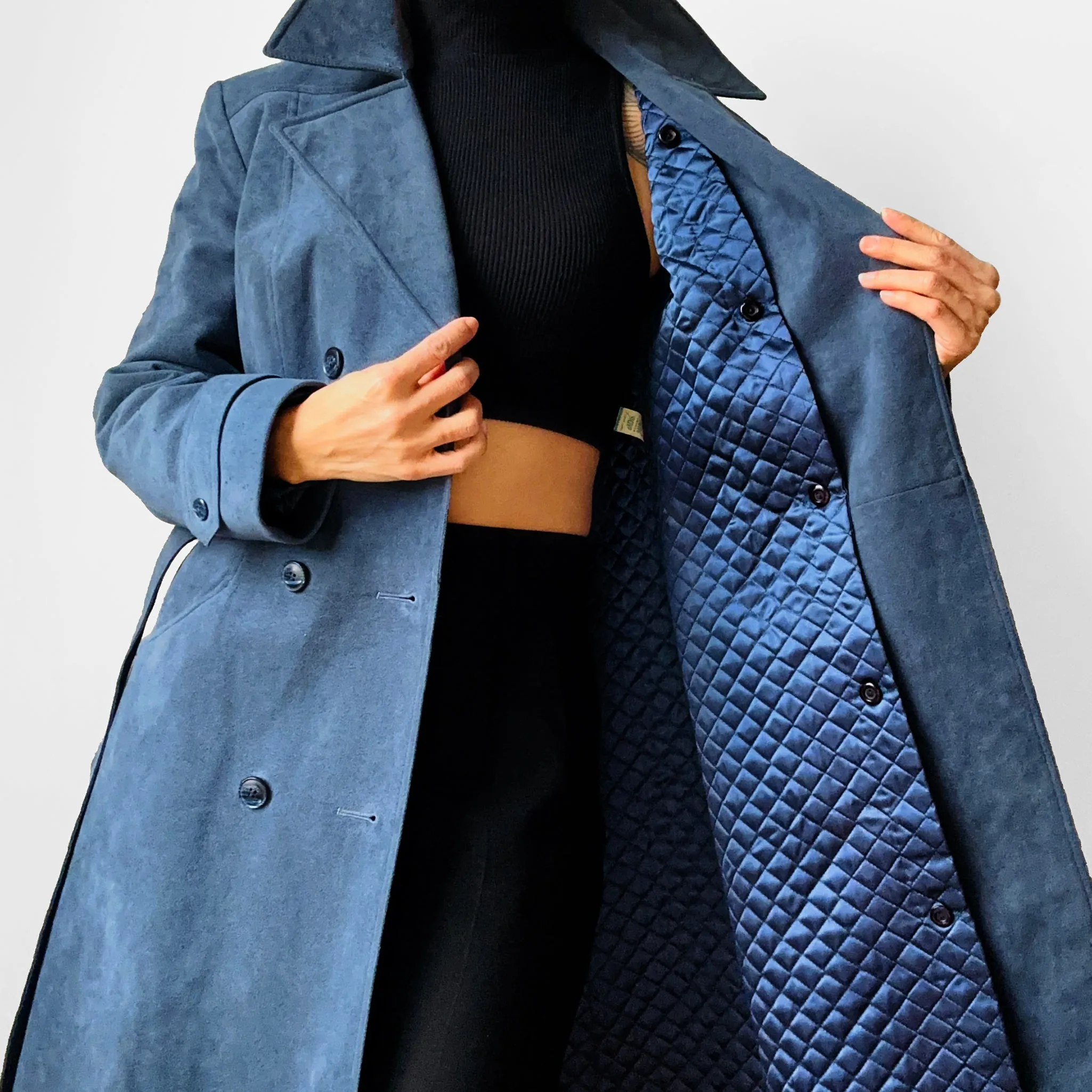 1970s Slate Blue Belted Double-Breasted Quilted Micro Suede Trench Coat - Sz. S