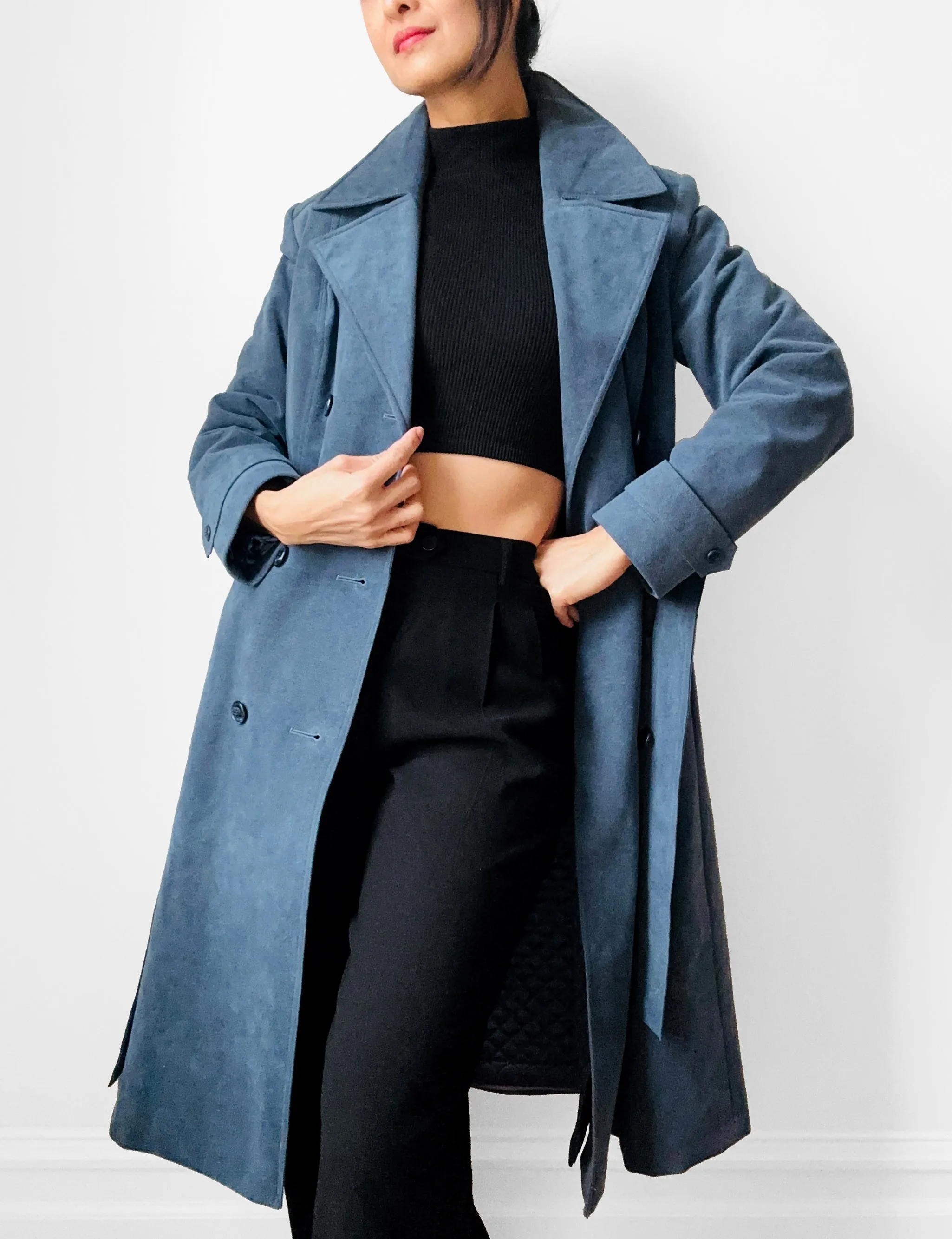 1970s Slate Blue Belted Double-Breasted Quilted Micro Suede Trench Coat - Sz. S