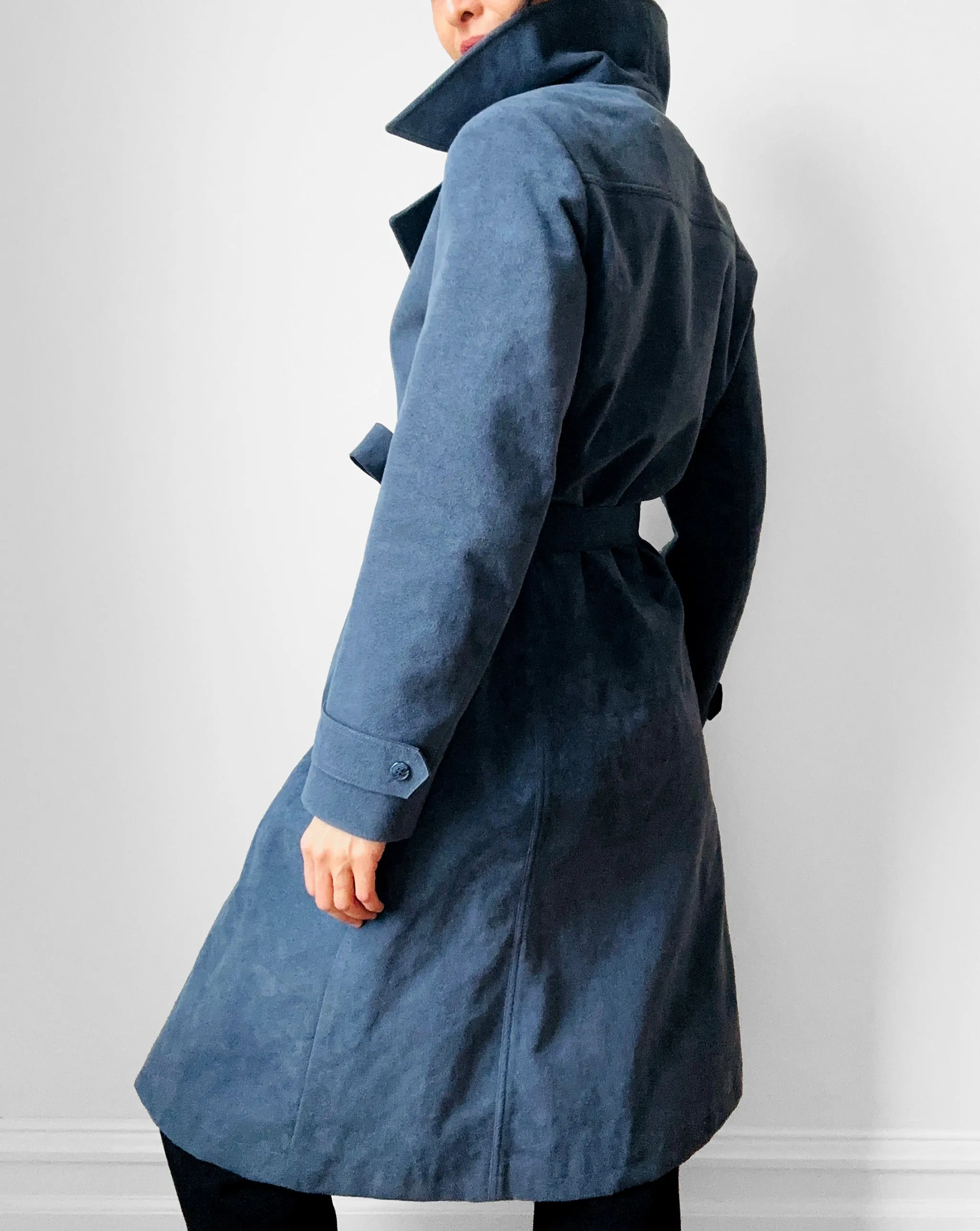 1970s Slate Blue Belted Double-Breasted Quilted Micro Suede Trench Coat - Sz. S