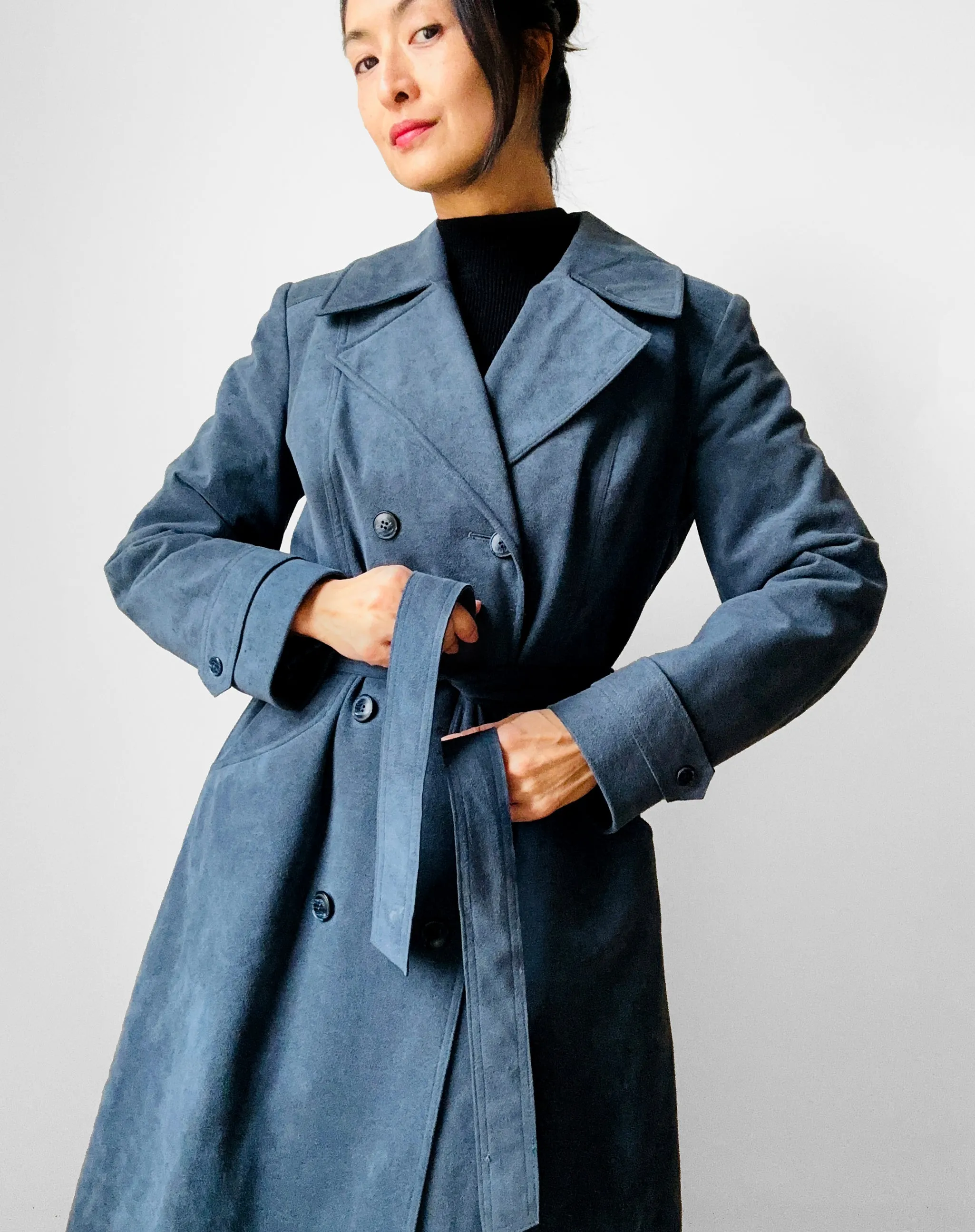 1970s Slate Blue Belted Double-Breasted Quilted Micro Suede Trench Coat - Sz. S