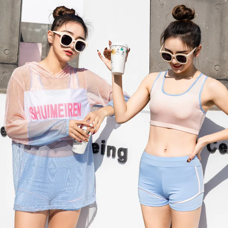 3 pc set instasport design swimsuit for juniors hoodie pullover outfit and bikini swimpants vest top and shorts set