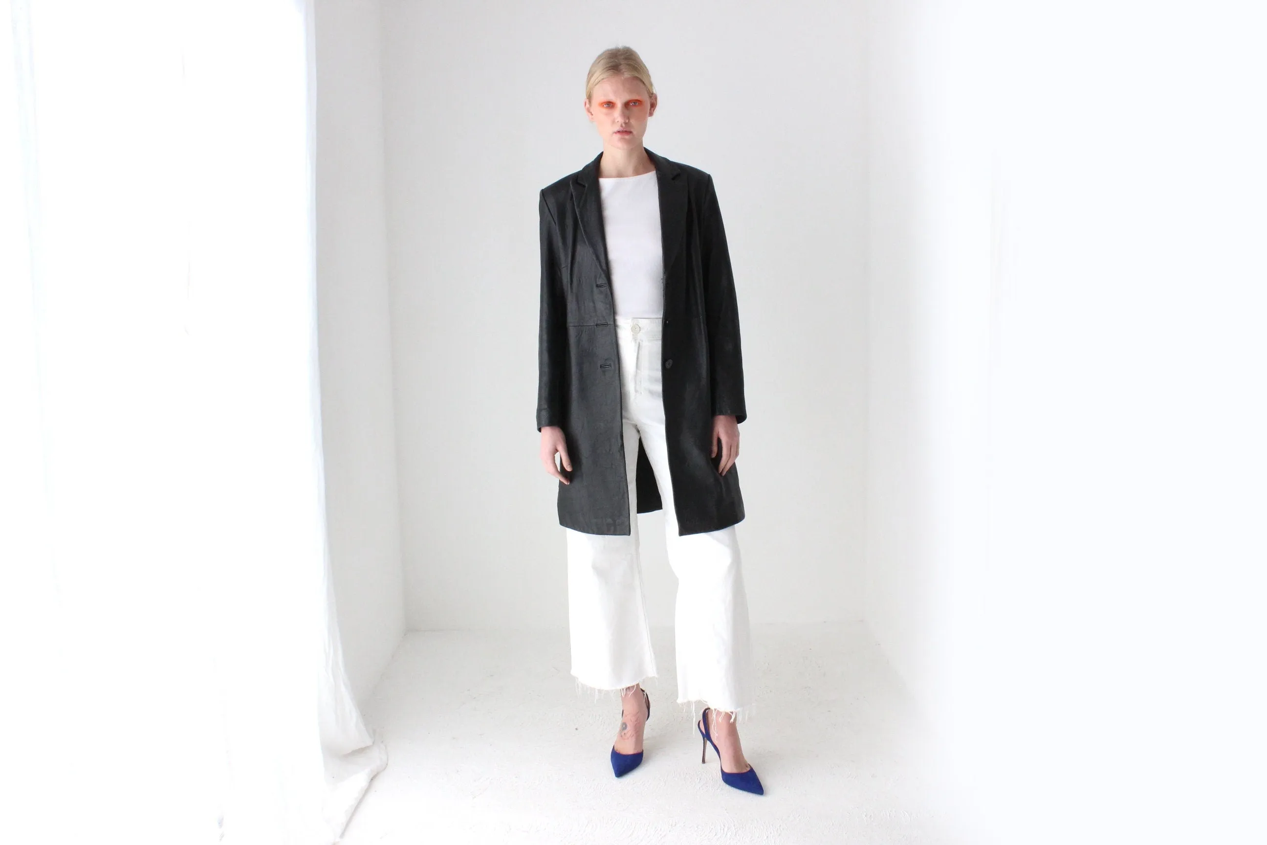 90s Longline Leather Button Up Coat