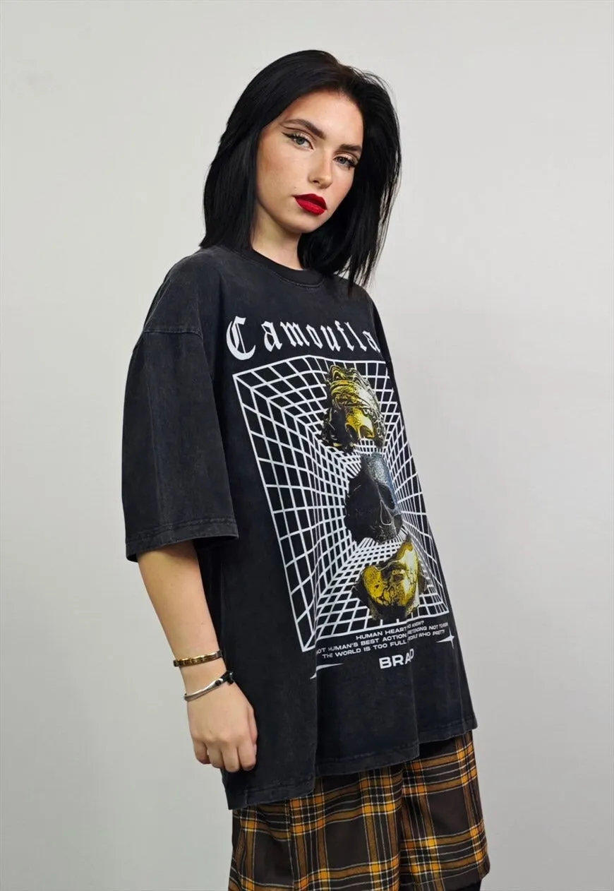 Antique t-shirt skeleton tee retro cyber top in vintage grey