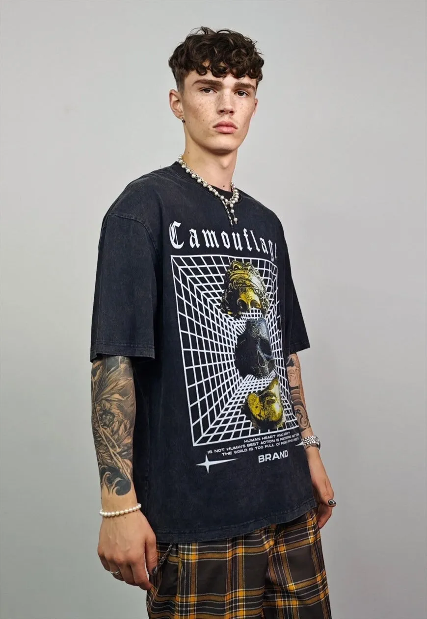 Antique t-shirt skeleton tee retro cyber top in vintage grey