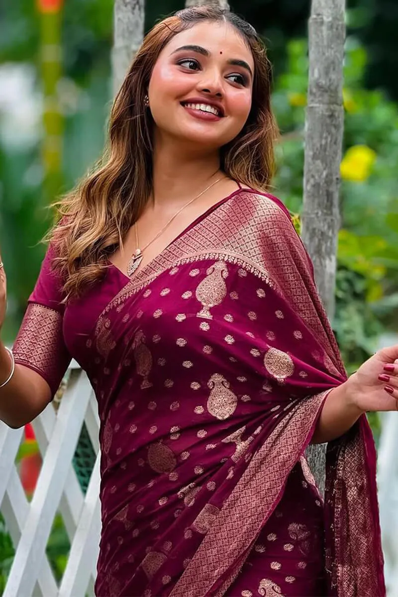 Attractive Wine Soft Silk Saree With Sizzling Blouse Piece