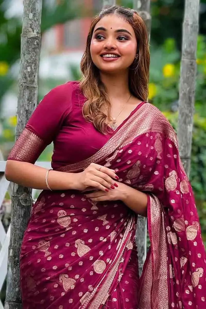 Attractive Wine Soft Silk Saree With Sizzling Blouse Piece