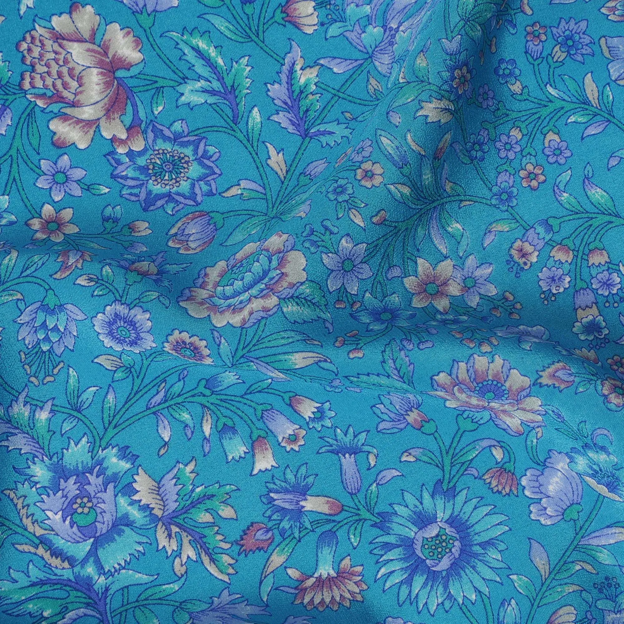 Azure Blossom Pure Silk Crepe Fabric - Exotic Floral Elegance, 110cm Width, Indian Heritage - Buy Online by the Meter-D18036