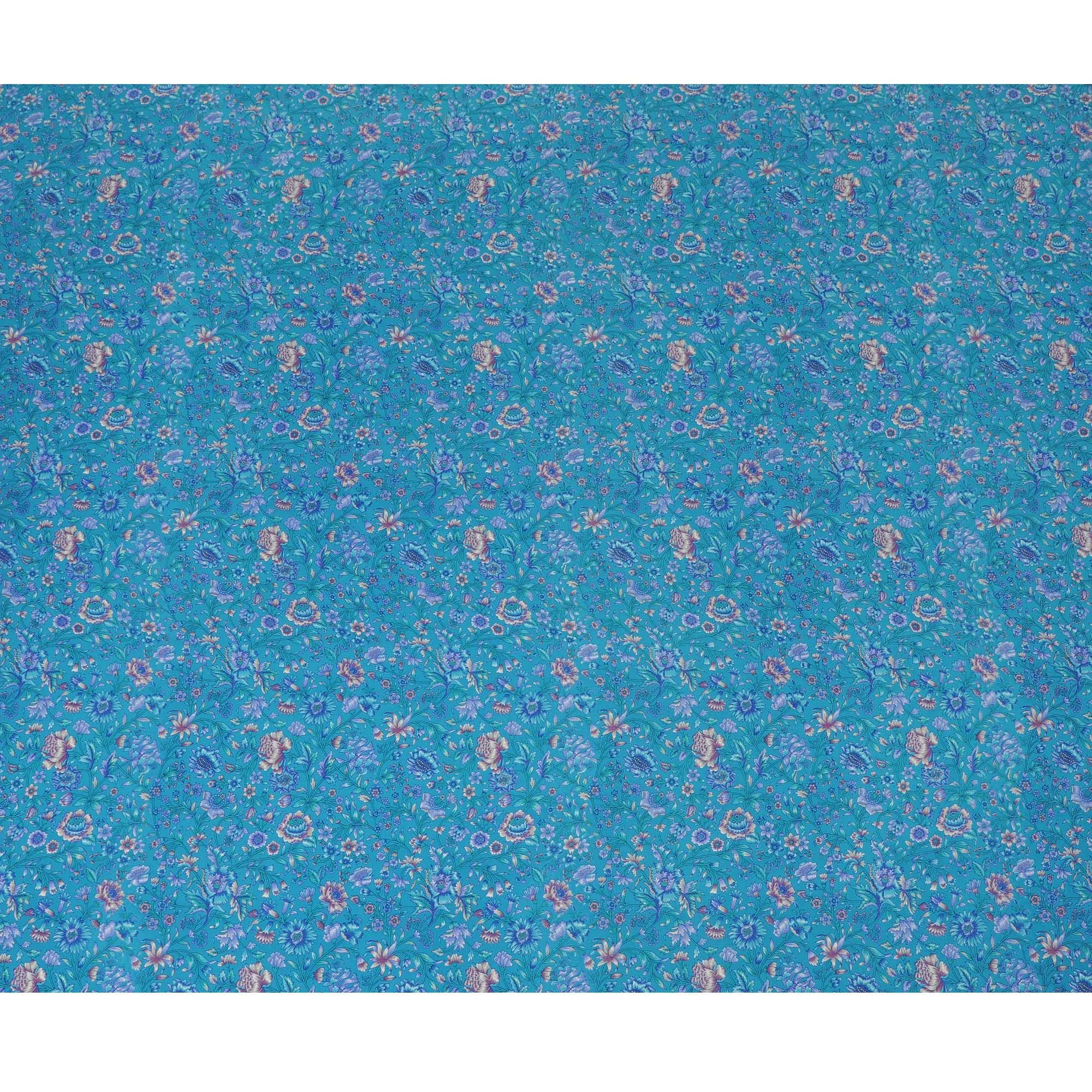 Azure Blossom Pure Silk Crepe Fabric - Exotic Floral Elegance, 110cm Width, Indian Heritage - Buy Online by the Meter-D18036