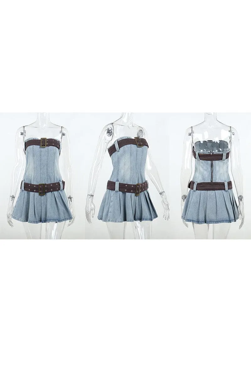 BA445 Belted Denim Mini Dress