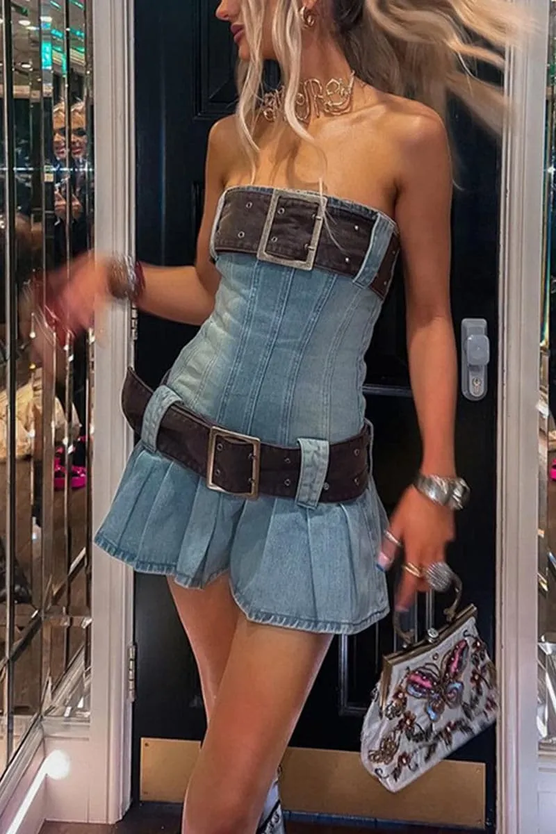 BA445 Belted Denim Mini Dress