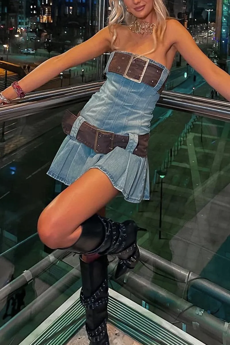 BA445 Belted Denim Mini Dress