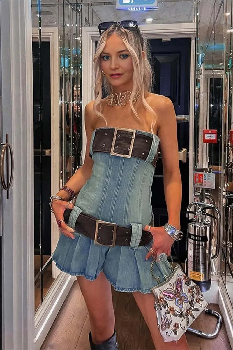 BA445 Belted Denim Mini Dress