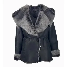 Black Leather Coat with Oversized Fur Collar and Trim