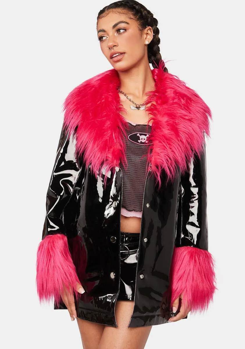 Black Vinyl Coat With Red Fur Trim
