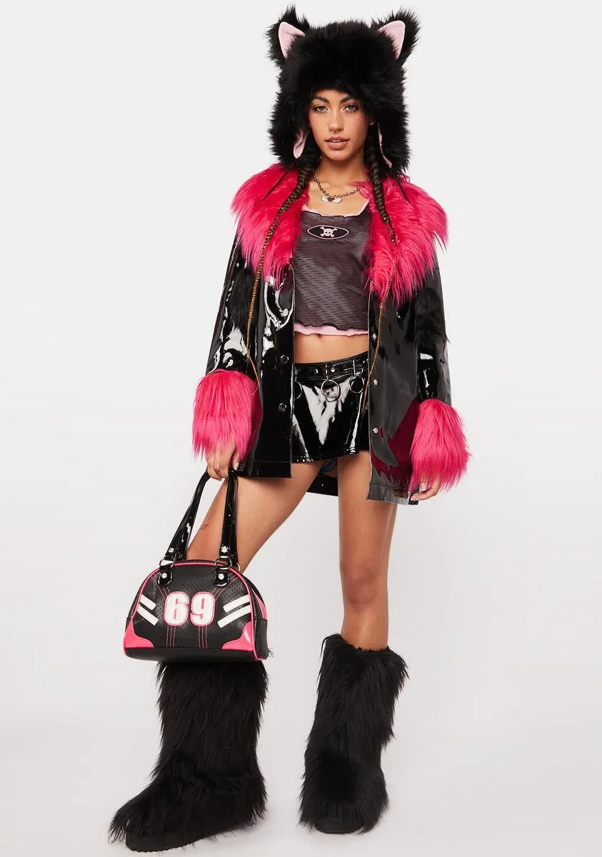 Black Vinyl Coat With Red Fur Trim