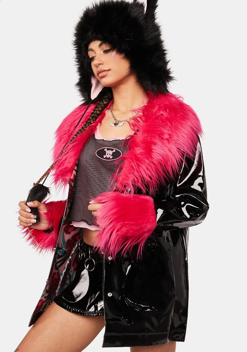 Black Vinyl Coat With Red Fur Trim