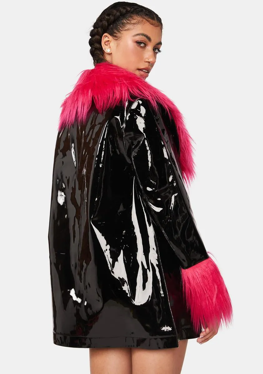 Black Vinyl Coat With Red Fur Trim