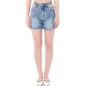 Blue Cutout Pearl Chain Denim Shorts