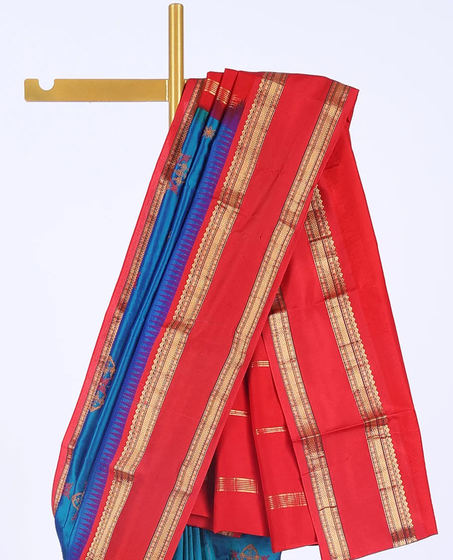 Blue thread embroidered Bangalore silk saree, contrast vidarbha border of traditional designs & pallu of stripes
