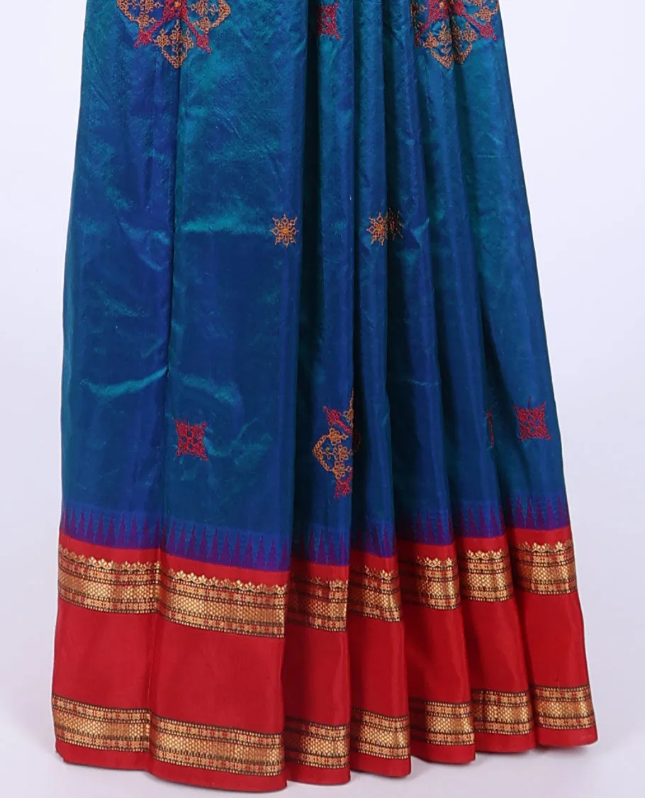 Blue thread embroidered Bangalore silk saree, contrast vidarbha border of traditional designs & pallu of stripes