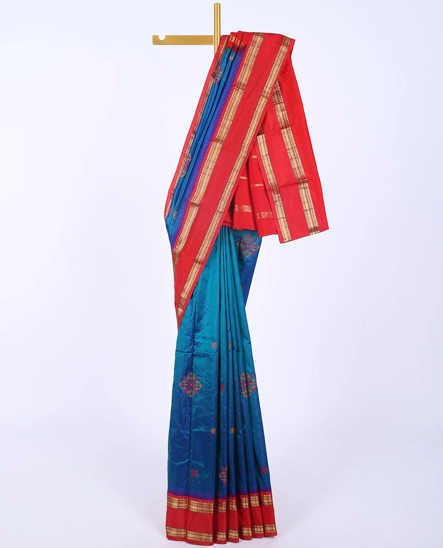 Blue thread embroidered Bangalore silk saree, contrast vidarbha border of traditional designs & pallu of stripes