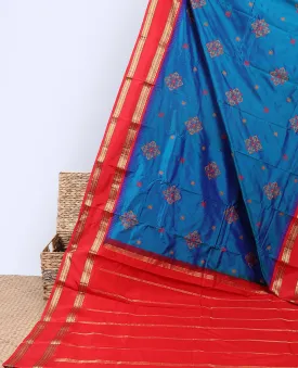 Blue thread embroidered Bangalore silk saree, contrast vidarbha border of traditional designs & pallu of stripes