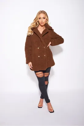 Brown Double Breasted Borg Teddy Coat