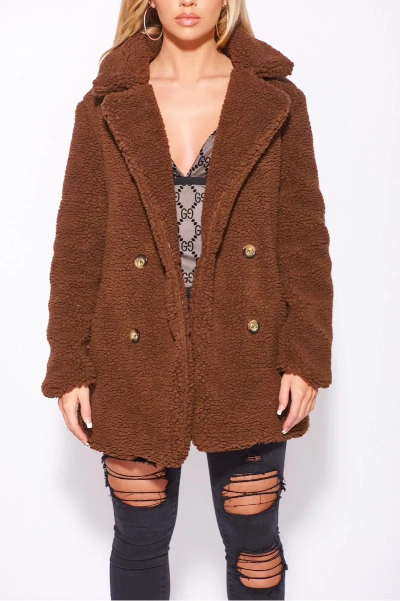 Brown Double Breasted Borg Teddy Coat